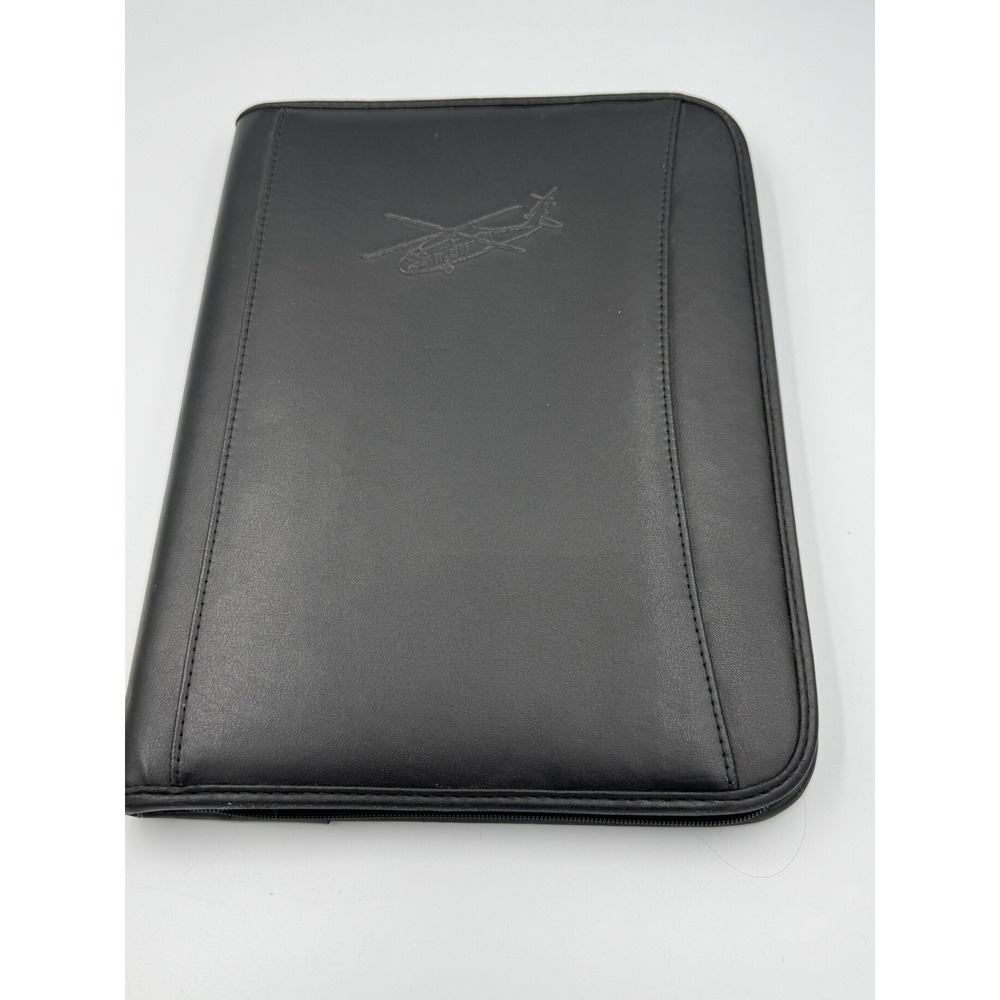 Black Faux Leather Zippered Portfolio Embossed Helicopter Aviation Pilot Folder